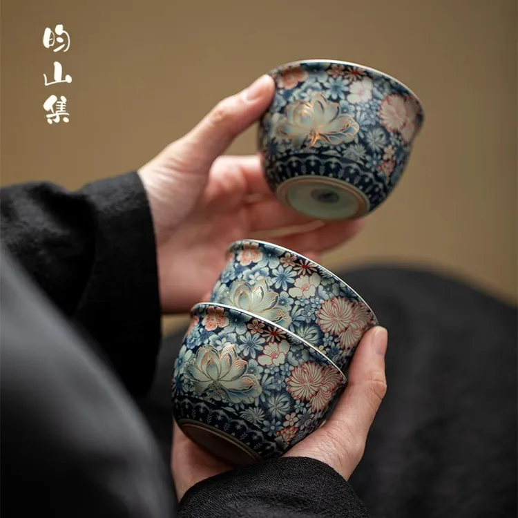 复古汝窑青花缸杯主人杯开片可养高档陶瓷茶具家用单个喝茶品茗杯