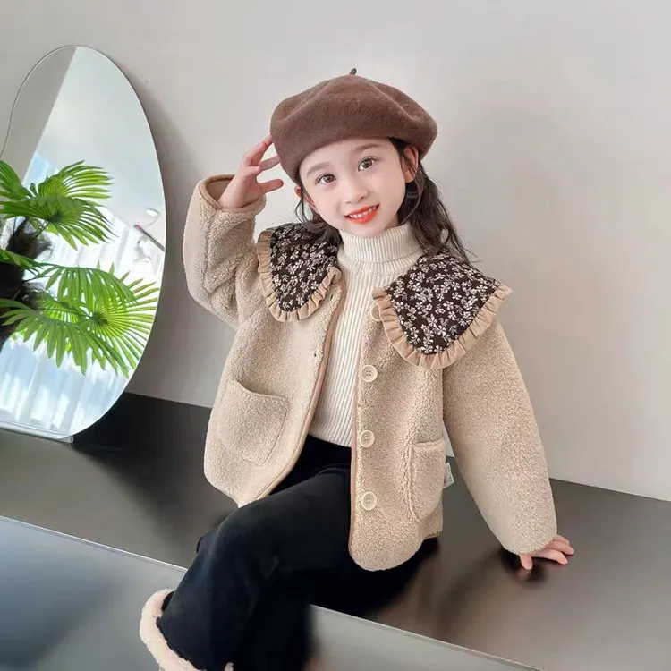 【思晨家】女童2025新款冬季花边领女宝加绒加厚皮毛一体外套
