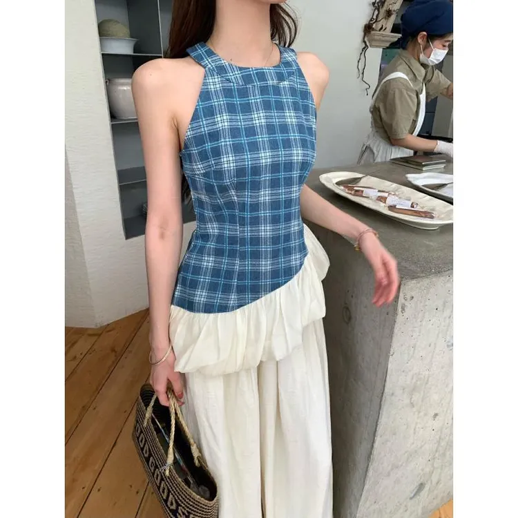 套装女夏季韩系穿搭不规则花苞挂脖格纹上衣休闲时尚显瘦阔腿裤子