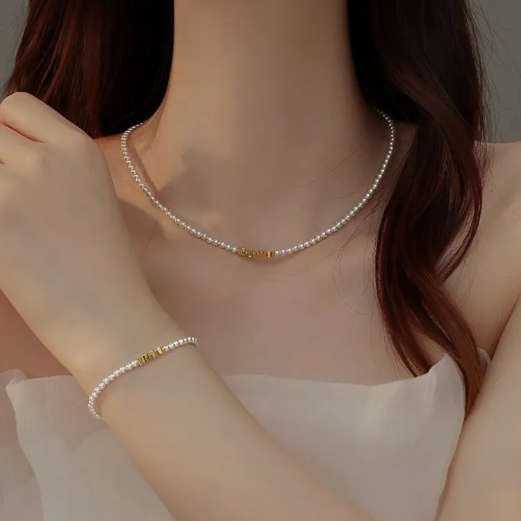 坠链均925银仿珍珠 碎银子小米珠项链女颈链锁骨链毛衣链巴洛克