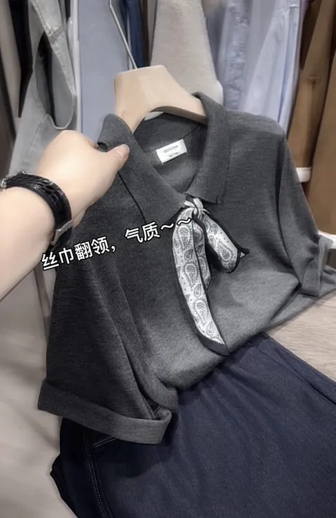 米蓝家名殿！丝巾翻领～夏季必入显瘦气质中灰色丝巾短袖针织衫6227