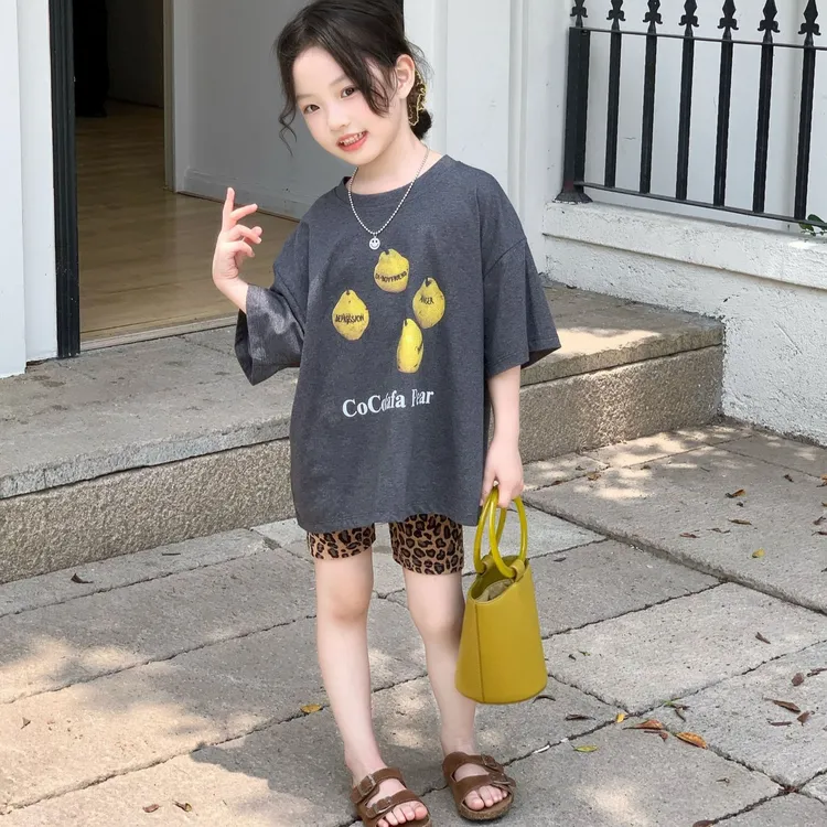 女童套装2025夏季韩版宽松洋气梨子印花短袖上衣休闲豹纹骑行裤