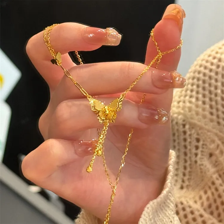 铜合金项链 爆闪碎碎冰蝴蝶流苏项链女小众设计高级感精致锁骨链