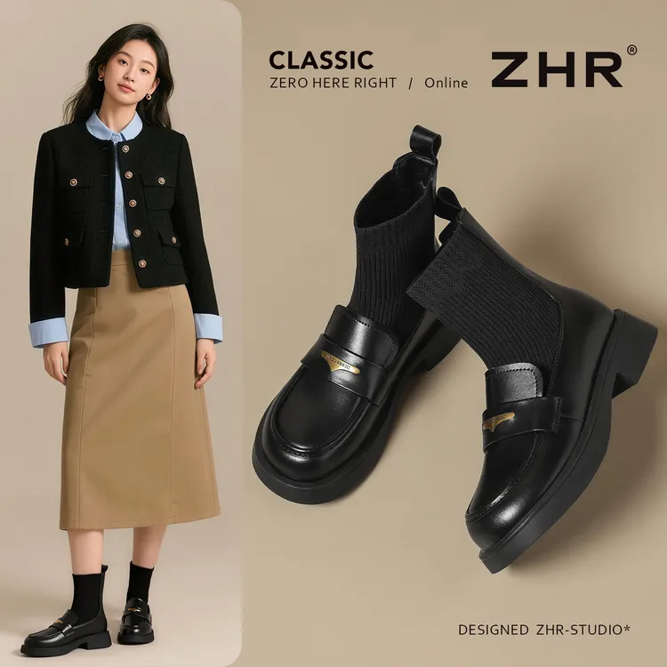 乐福鞋女2025秋冬季新款短靴袜靴子新款黑色小皮鞋瘦瘦靴