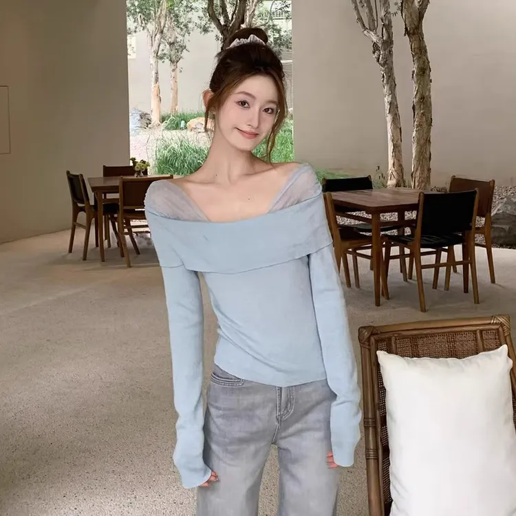 设计感蕾丝网纱拼接针织衫女早春2025爆款长袖辣妹修身显瘦上衣