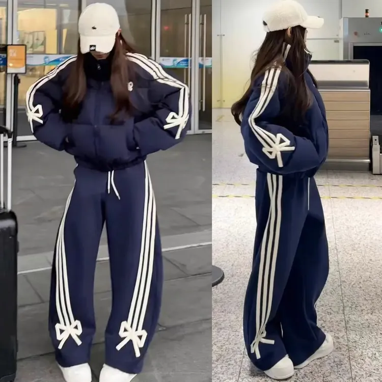 休闲学院风减龄立体蝴蝶结棉服秋冬套装外套休闲裤两件套