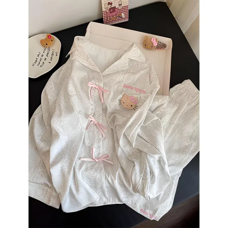 HelloKitty可爱少女睡衣女春秋季云朵棉开衫蝴蝶结可外穿长袖长裤