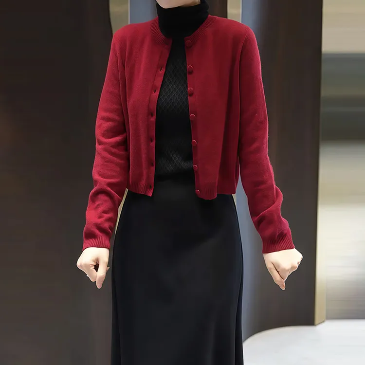 欧货高端时髦气质酒红色针织开衫女春秋美式新款别致减龄简约上衣