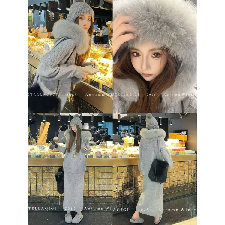 SG / 杨依姗 AW狐狸毛领牛角扣毛衣+直筒半身裙套装TZ-20252109