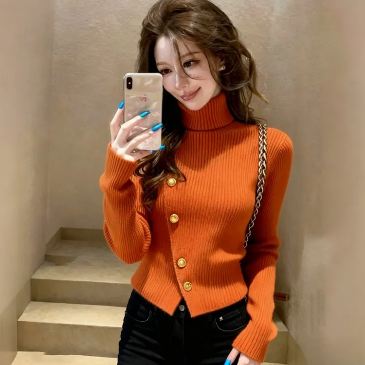 软糯毛衣女冬绝美巨好看轻奢高端设计感气质掐半高领橘色针织上衣