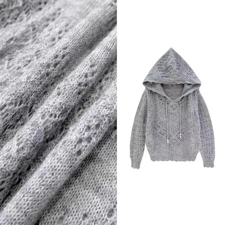 灰色镂空雕花连帽针织上衣」