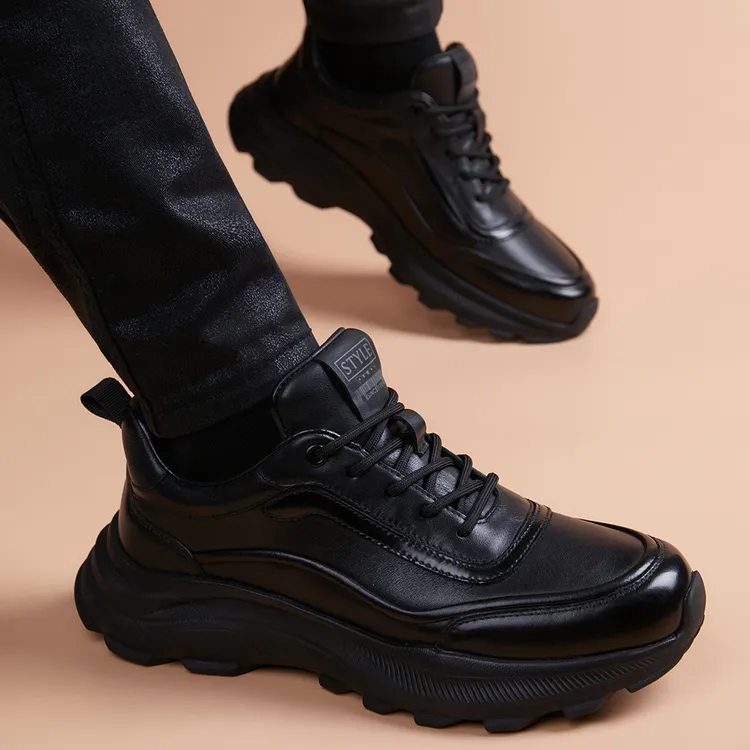 头层牛皮男鞋2025新款真皮透气厚底增高鞋潮鞋运动风时尚休闲鞋子