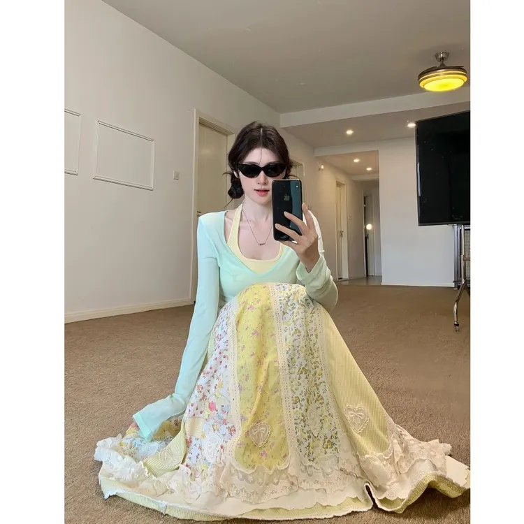 2025新款薄荷长袖T恤罩衫吊带背心温柔风碎花古着重工半身裙套装