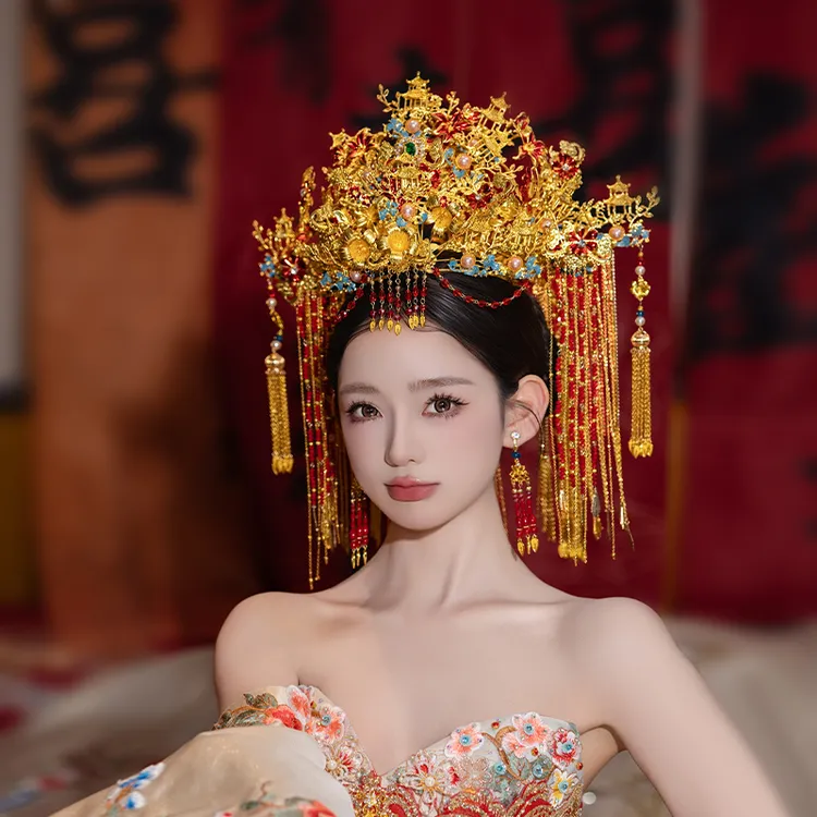 合金婚庆饰品 奢华贵新娘气龙凤褂汉服红金色流冠霞帔发饰品89111