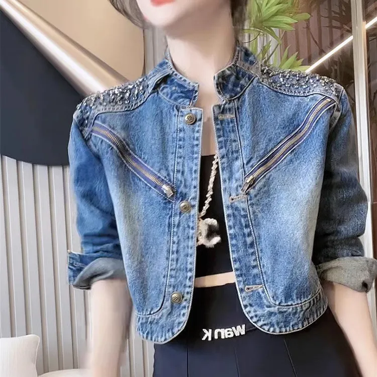 2025短款欧货镶钻春秋女装新款牛仔外套女高级感超好看独特