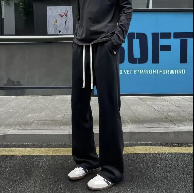 斜切微喇卫裤男春秋季重磅美式高街运动裤潮牌阔腿裤宽松休闲长裤