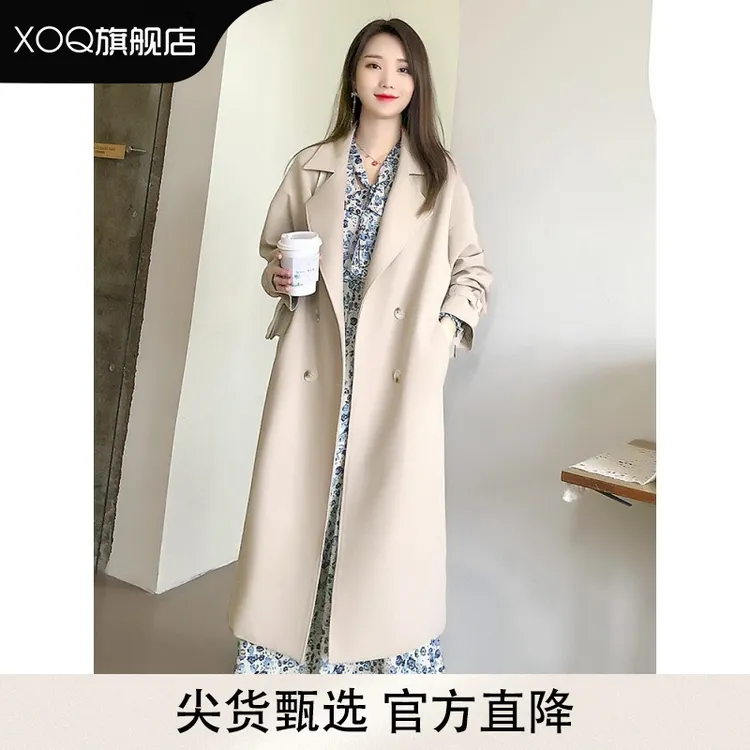 XOQ官方2025年黑色大衣风衣外套女中长款英伦风春秋新款高端上衣