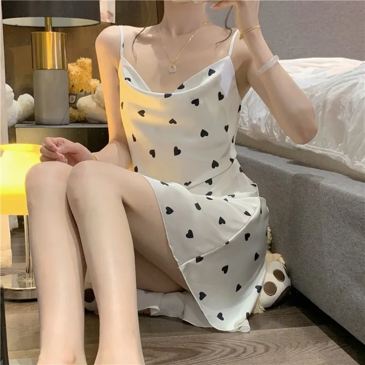 欲睡裙家居服女中长款吊带风新款纯冰丝2023丝滑凉爽荡领睡衣夏季