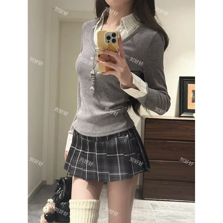 假两件长袖针织打底衫显瘦辣妹百搭修身设计感秋季纯欲风