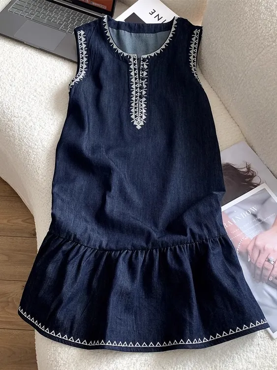 新中式国风刺绣中长款无袖背心裙2025夏季女装新款鱼尾牛仔连衣裙