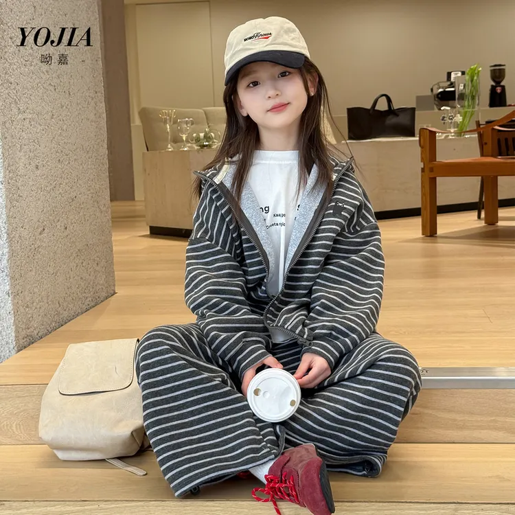 YOJIA女童套装秋装2025新款洋气条纹大童外套裤子儿童两件套秋季