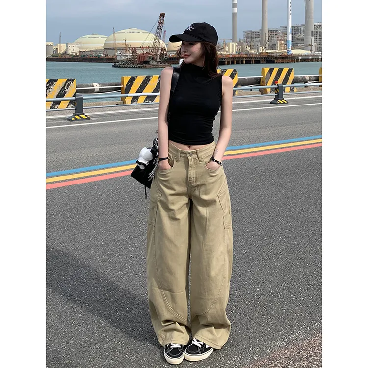 卡其色工装大口袋宽松阔腿牛仔裤女2025年秋季新款高腰显瘦弯刀裤