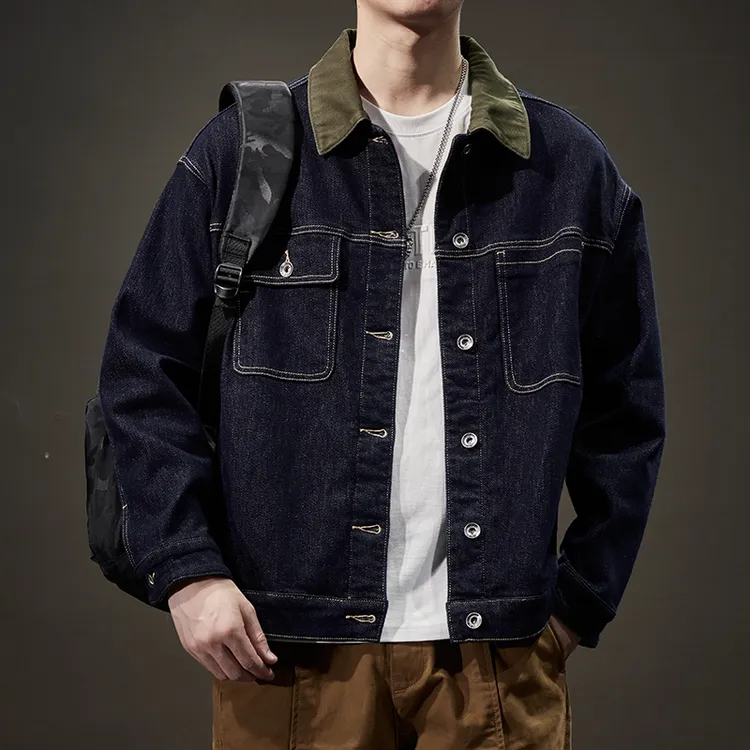 美式重磅复古拼色牛仔外套男春秋季潮牌痞帅宽松大码水洗工装夹克