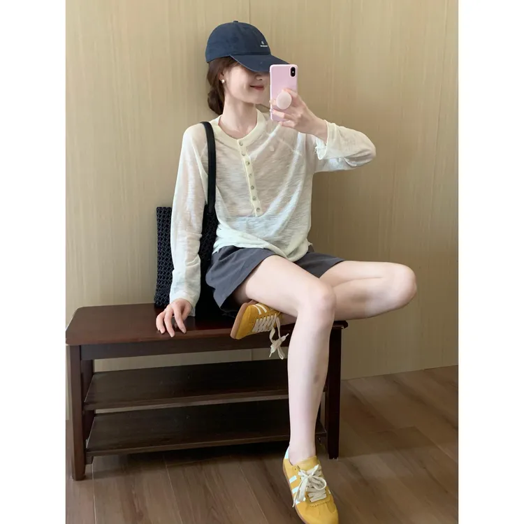 2025年高级感小众杏色t恤针织衫夏天长袖上衣防晒衫灰色裤子套装