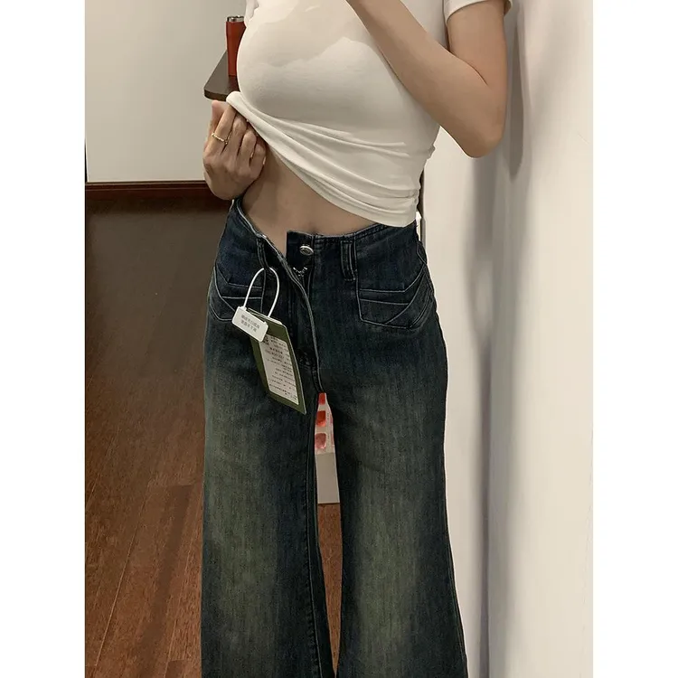 秋季美式复古水洗微喇牛仔裤女潮流修身直筒阔腿拖地垂感喇叭裤子