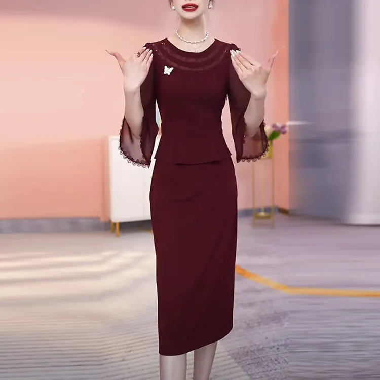 琉璃精纺轻奢女装2025春夏季新款时尚气质红色中袖假两件连衣裙子
