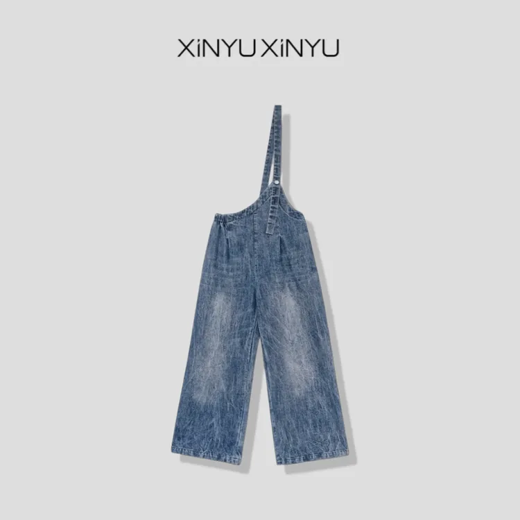 XINYU/芯与复古做旧渐变单侧可调节牛仔背带裤 24427 时尚 休闲