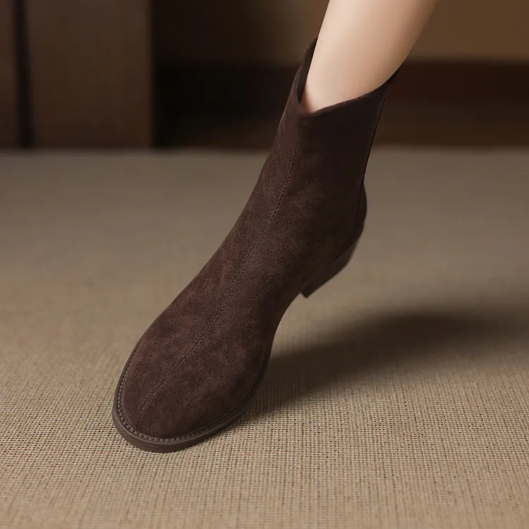 3.5CM弹力绒面，街头风纯色短筒弹力靴简约时时装感高筒弹力平底靴