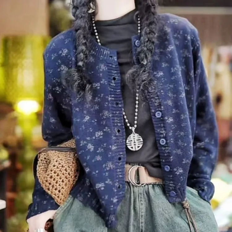 早秋新款时尚印花舒适韩版高级长袖气质洋气大码宽松显瘦百搭开衫