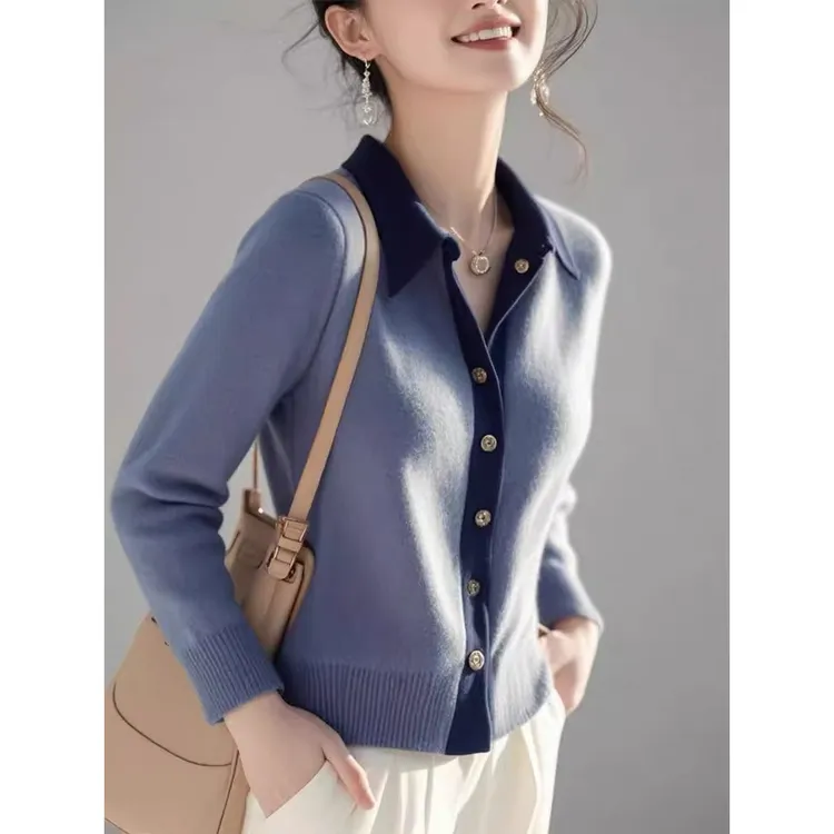 高级感拼色翻领针织开衫女2025秋季新款时尚百搭洋气长袖上衣