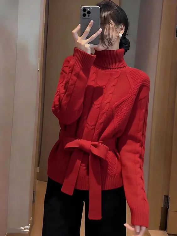 网红洋气炸街女装秋冬红色毛衣设计感系带高领针织衫休闲外穿上衣