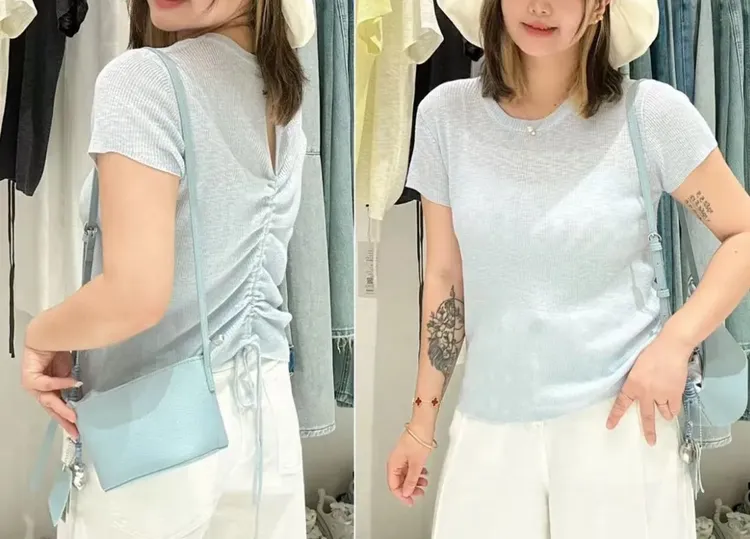 【竹节麻】韩系辣妹露背针织短袖女夏季设计感显瘦短款镂空抽绳正肩