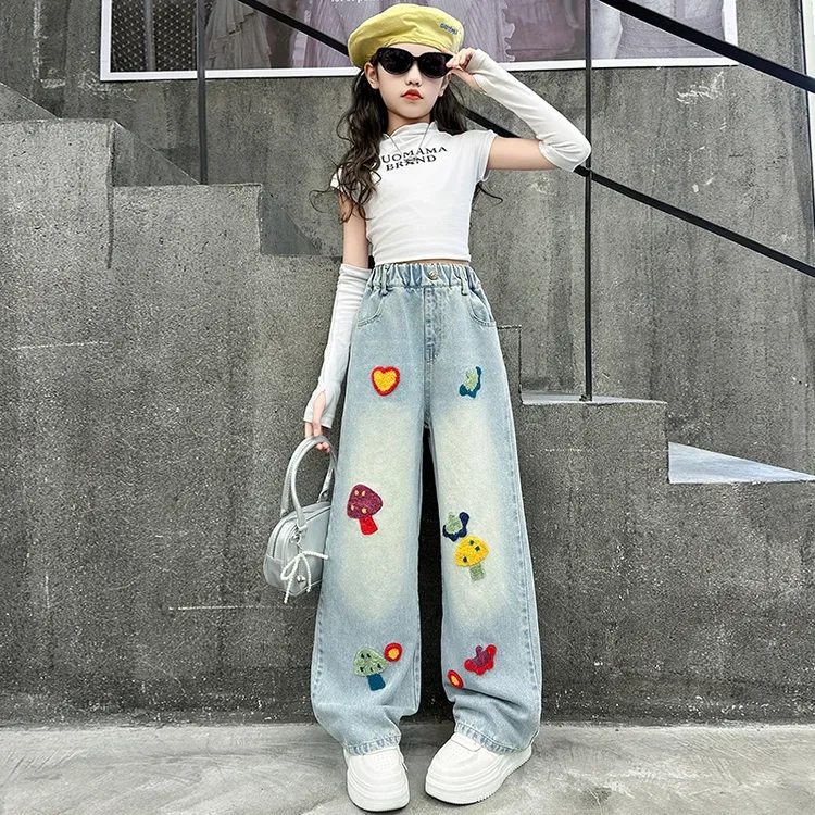 女童牛仔裤春秋2025新款儿童裤子阔腿裤大童休闲裤网红女孩洋气潮