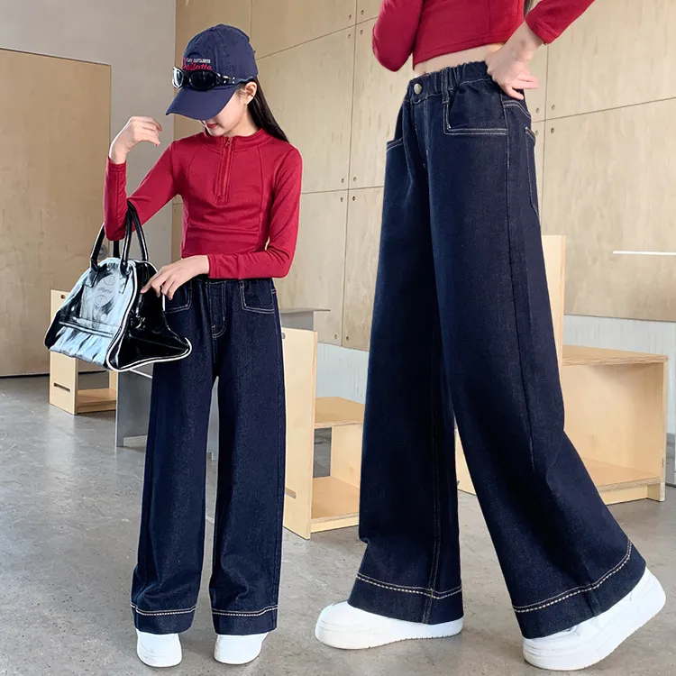 女童秋季牛仔裤2025新款女大童春秋装韩系阔腿裤儿童休闲直筒裤子