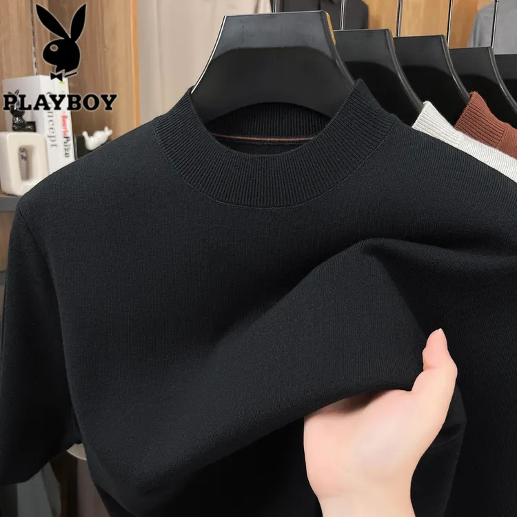 PLAYBOY/花花公子新款男士半高领半袖针织衫时尚休闲套头透气短袖