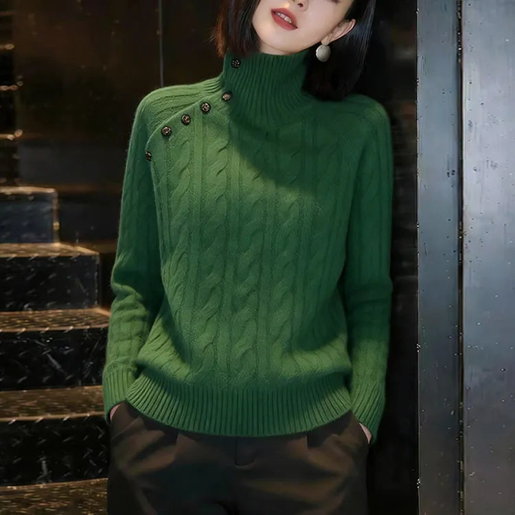 绿色高领麻花毛衣女士秋冬新款慵懒风洋气减龄显瘦加厚针织衫上衣