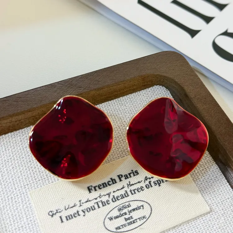 铜合金耳饰 红色复古高级大耳钉时髦港风轻奢耳环法式耳饰r644