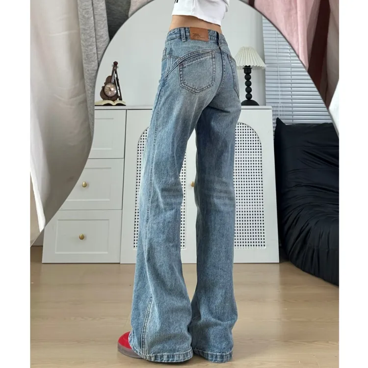 复古口袋拼接设计做旧牛仔裤女2025秋季新款磨白肌理感微喇牛仔裤