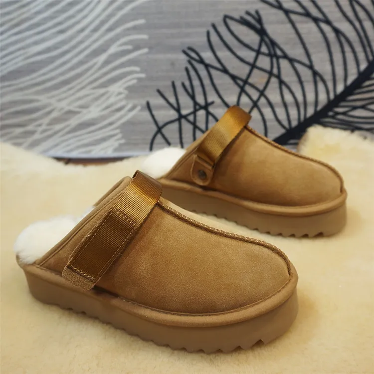 秋冬新款真皮牛皮羊毛女士包头拖鞋厚底松糕底魔术贴保暖拖鞋93-4