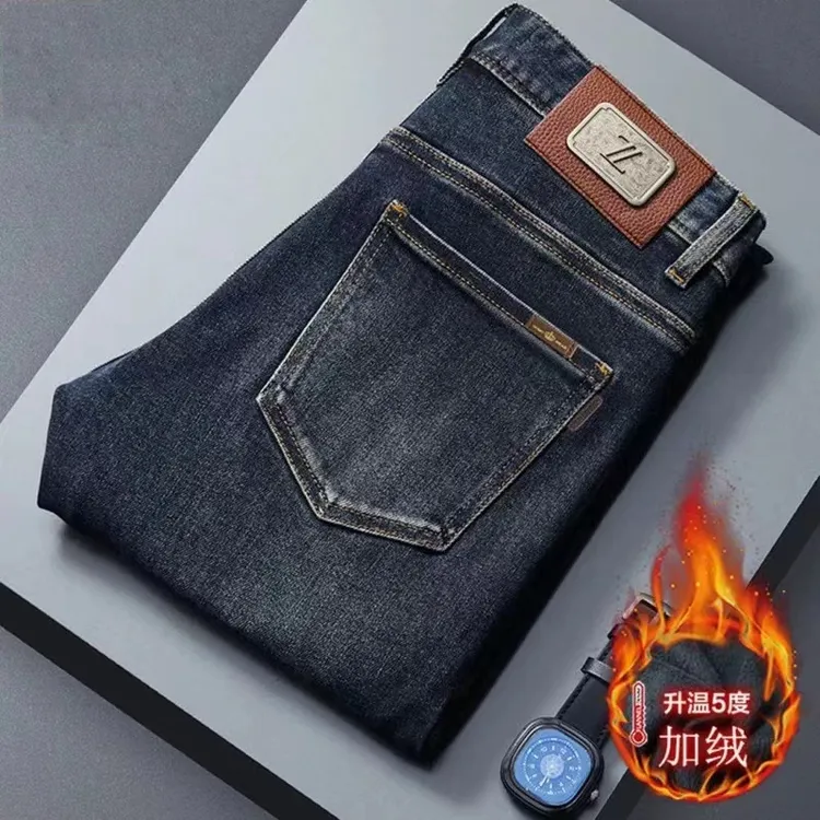 GORISIPU/古利施普冬季高端加绒牛仔裤简约时尚修身厚款小直筒裤