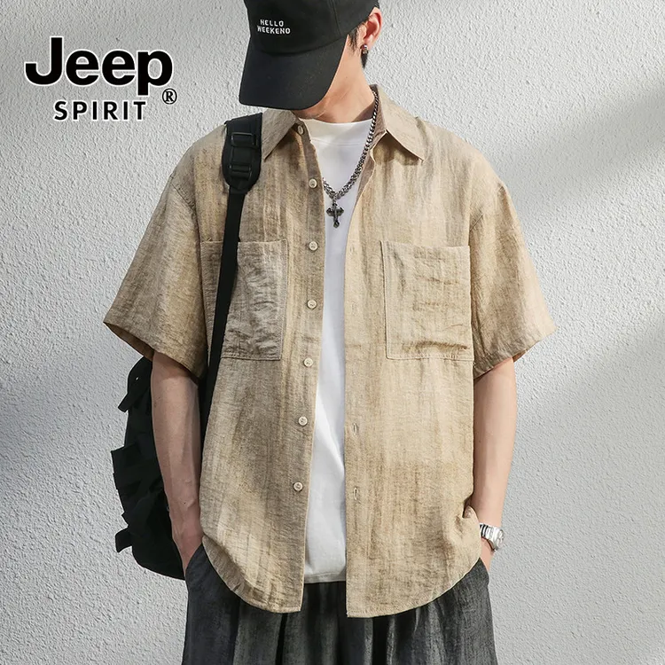 JEEPSPIRIT吉普扎染轻熟亚麻混纺短袖衬衫男宽松衬衣寸衫2025新款