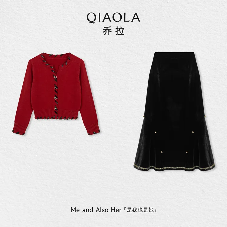 QIAOLA/乔拉【雪夜铃铛】秋冬季北极绒毛织开衫鱼尾半身裙时尚套装