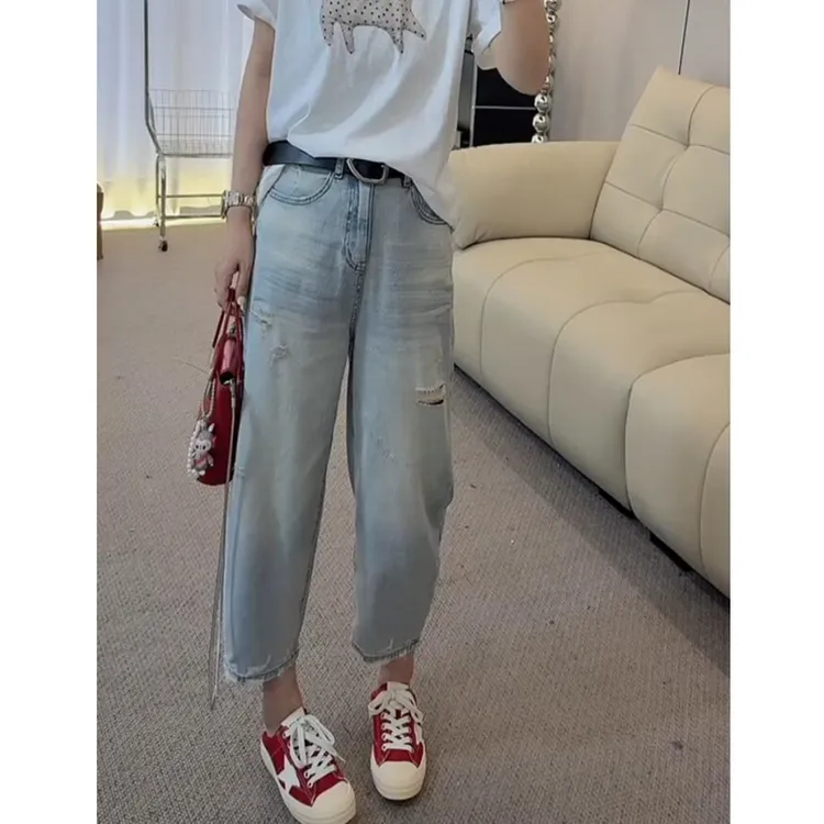小个子穿搭高腰九分破洞直筒牛仔裤女2025年春季新款大码法棍裤
