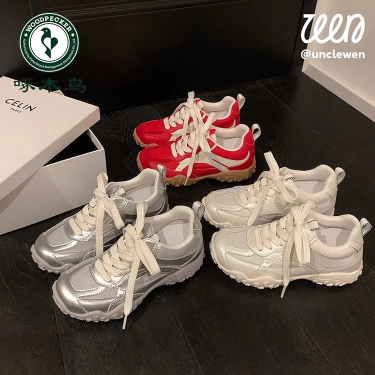 啄木鸟小个子德训鞋女款夏秋季网面透气运动鞋厚底百搭休闲小白鞋