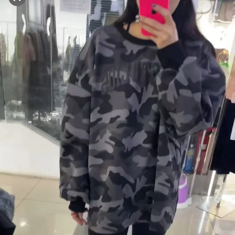 欧货圆领字母套头长袖加绒迷彩卫衣