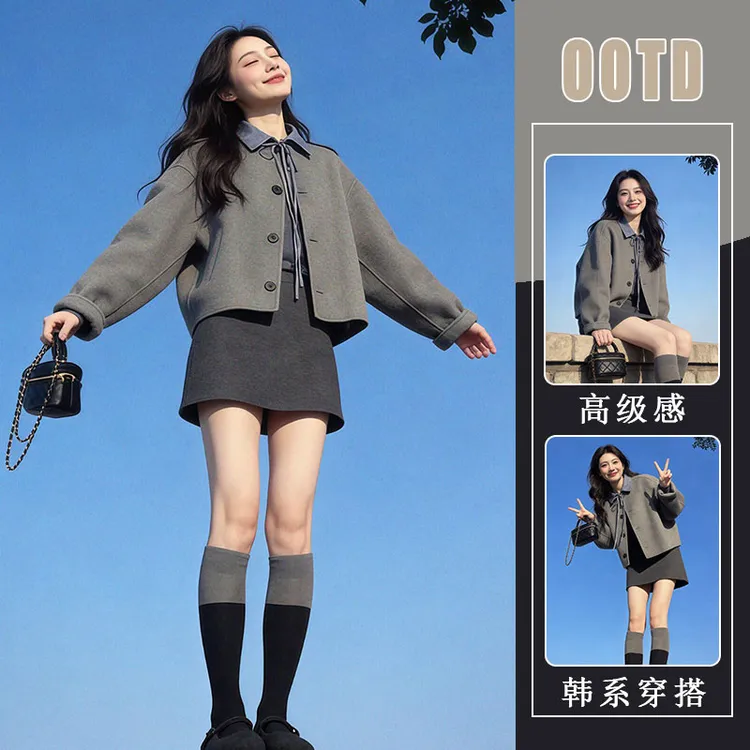 冬季搭配一整套大码胖mm毛呢外套衬衫短裙松弛感巨好看三件套装女